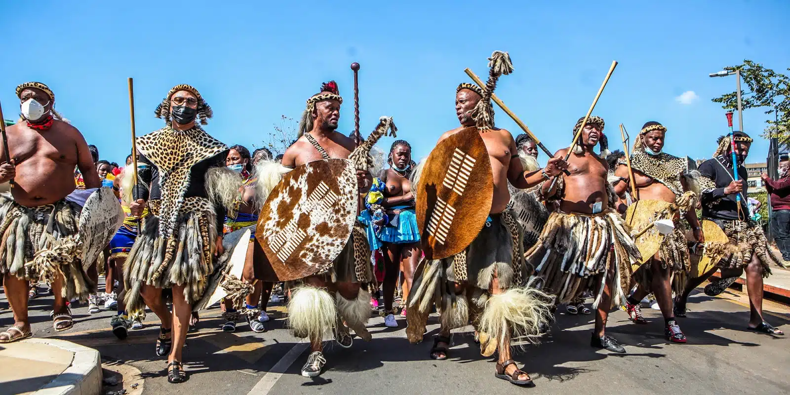 Zulu men give an example of stick fighting at Shakaland, KwaZulu